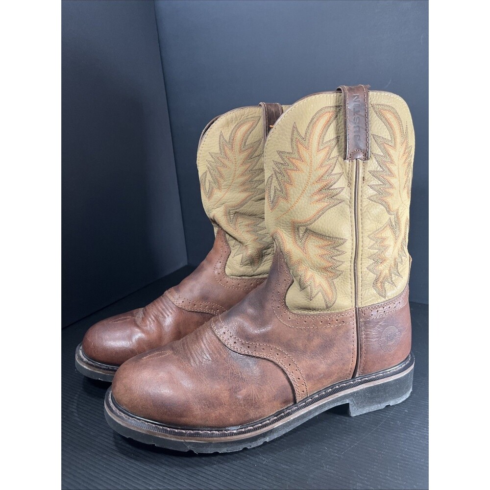 Justin Mens Brown Leather Work Boots Superintendent Pull-On Steel Toe Sz 13D